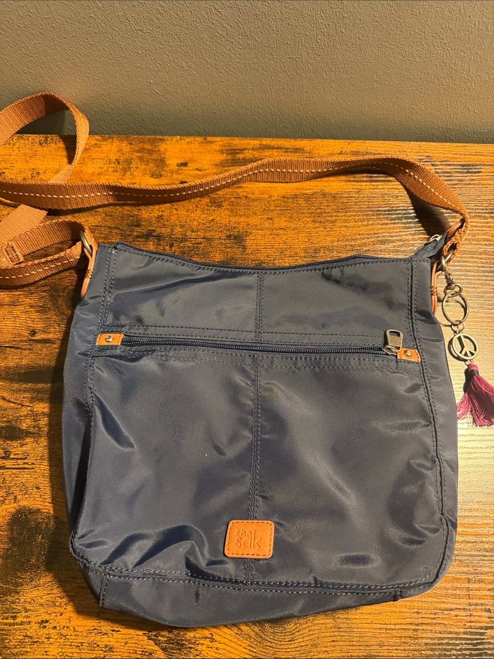 The Sak Navy Nylon Crossbody with Tan Strap